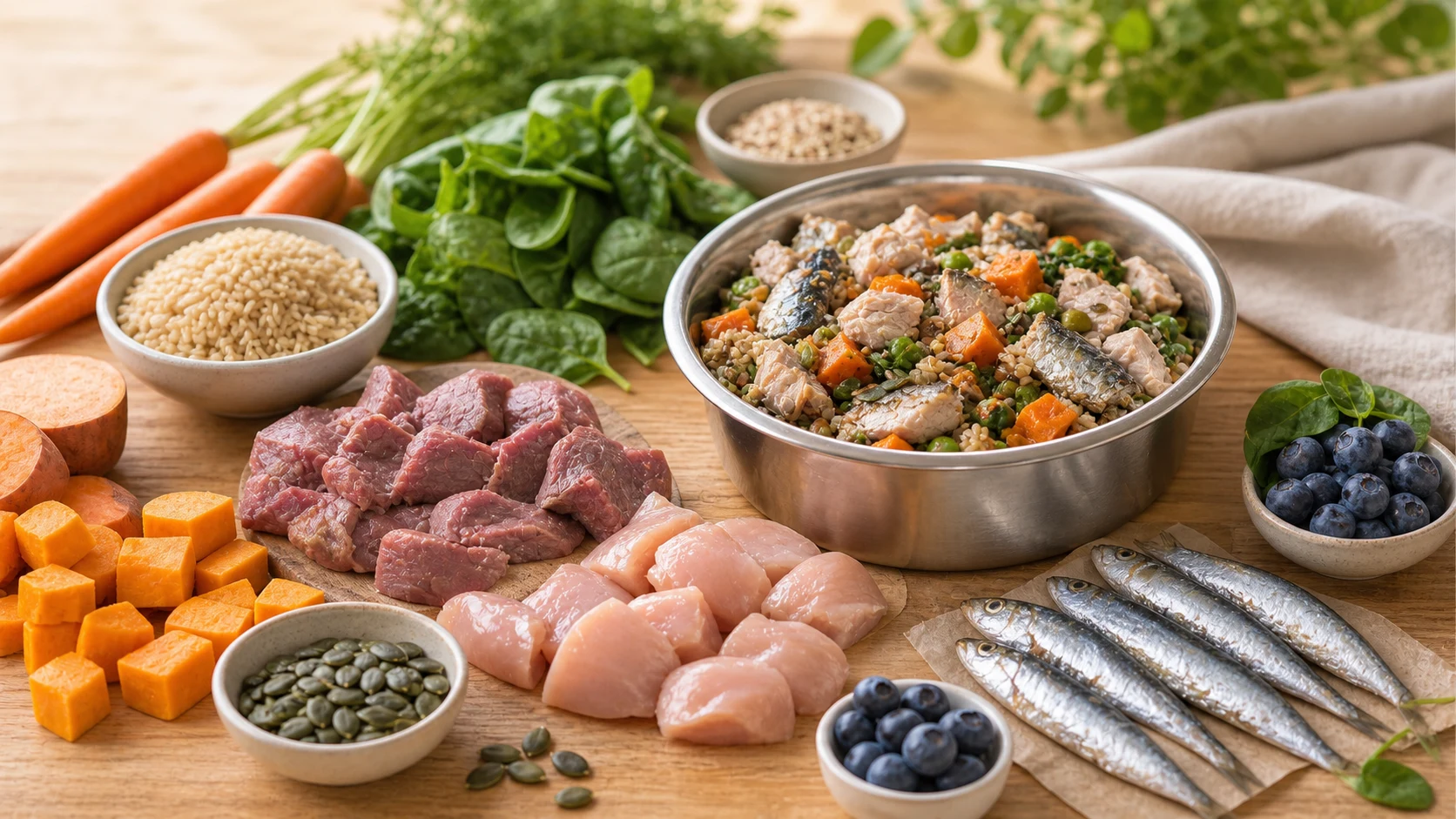 Fresh dog-safe ingredients prepared for VIE.PET meals