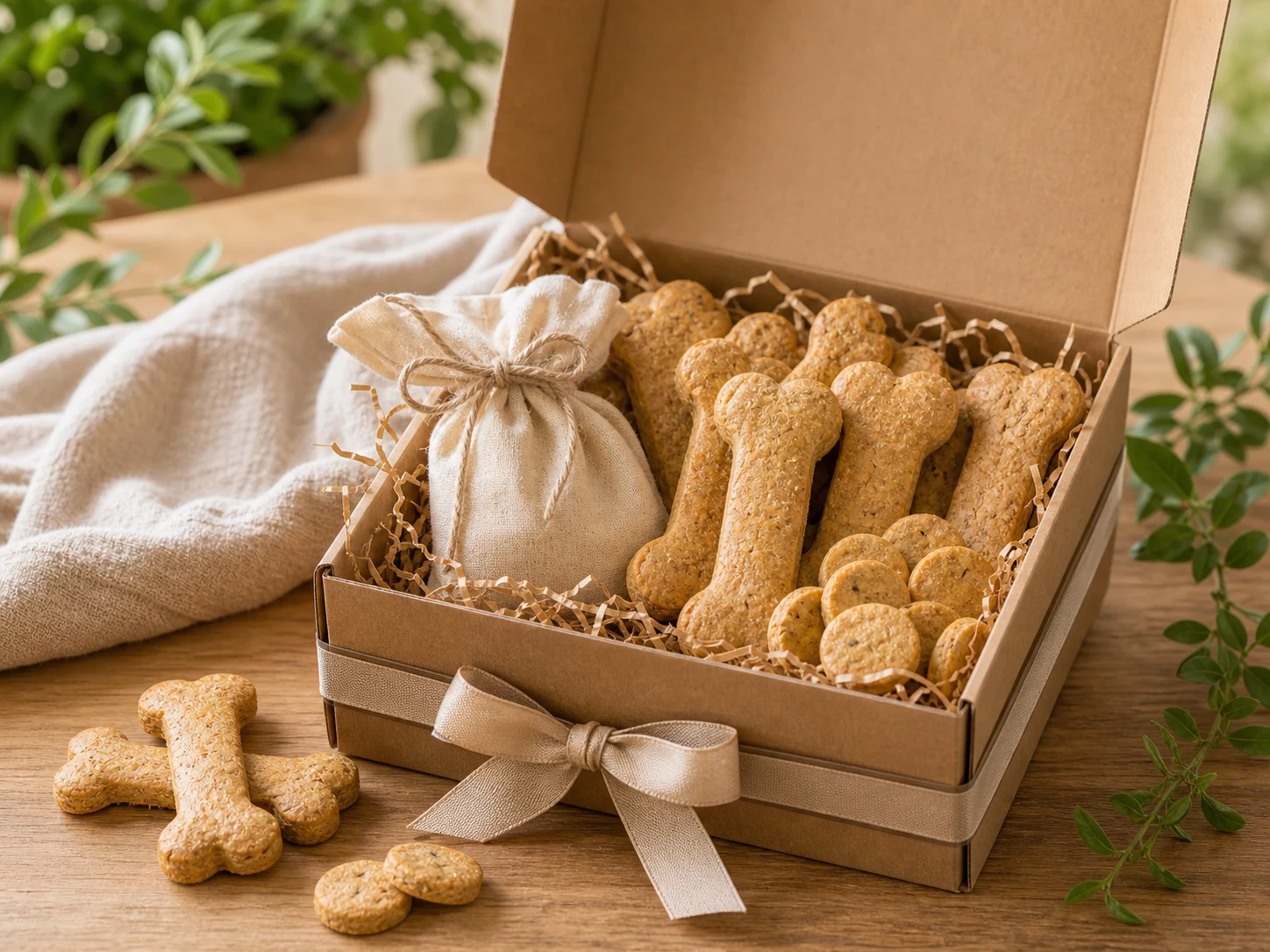 Open dog treat gift box with handmade biscuits