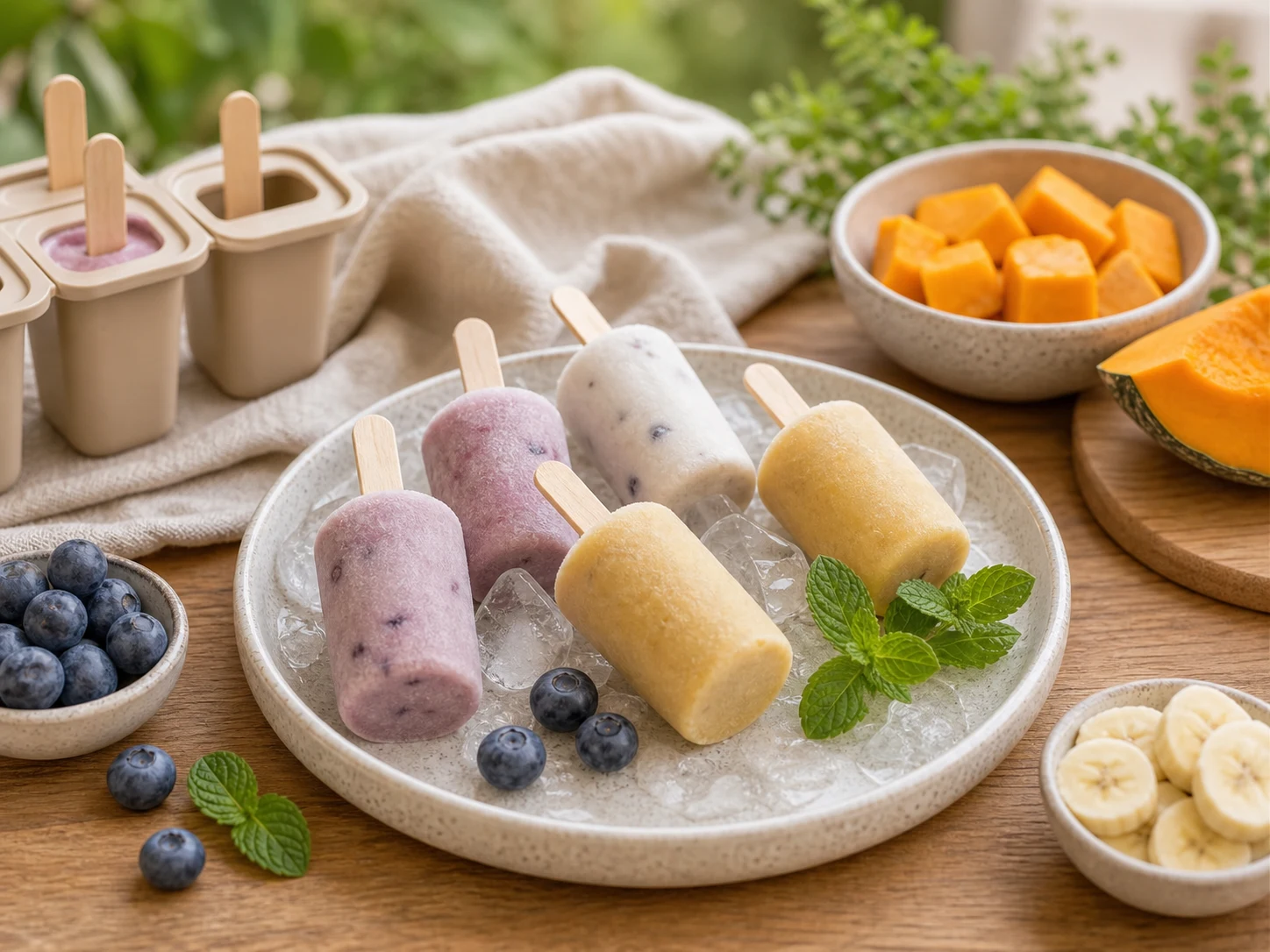 Dog-safe summer pupsicles on a ceramic plate
