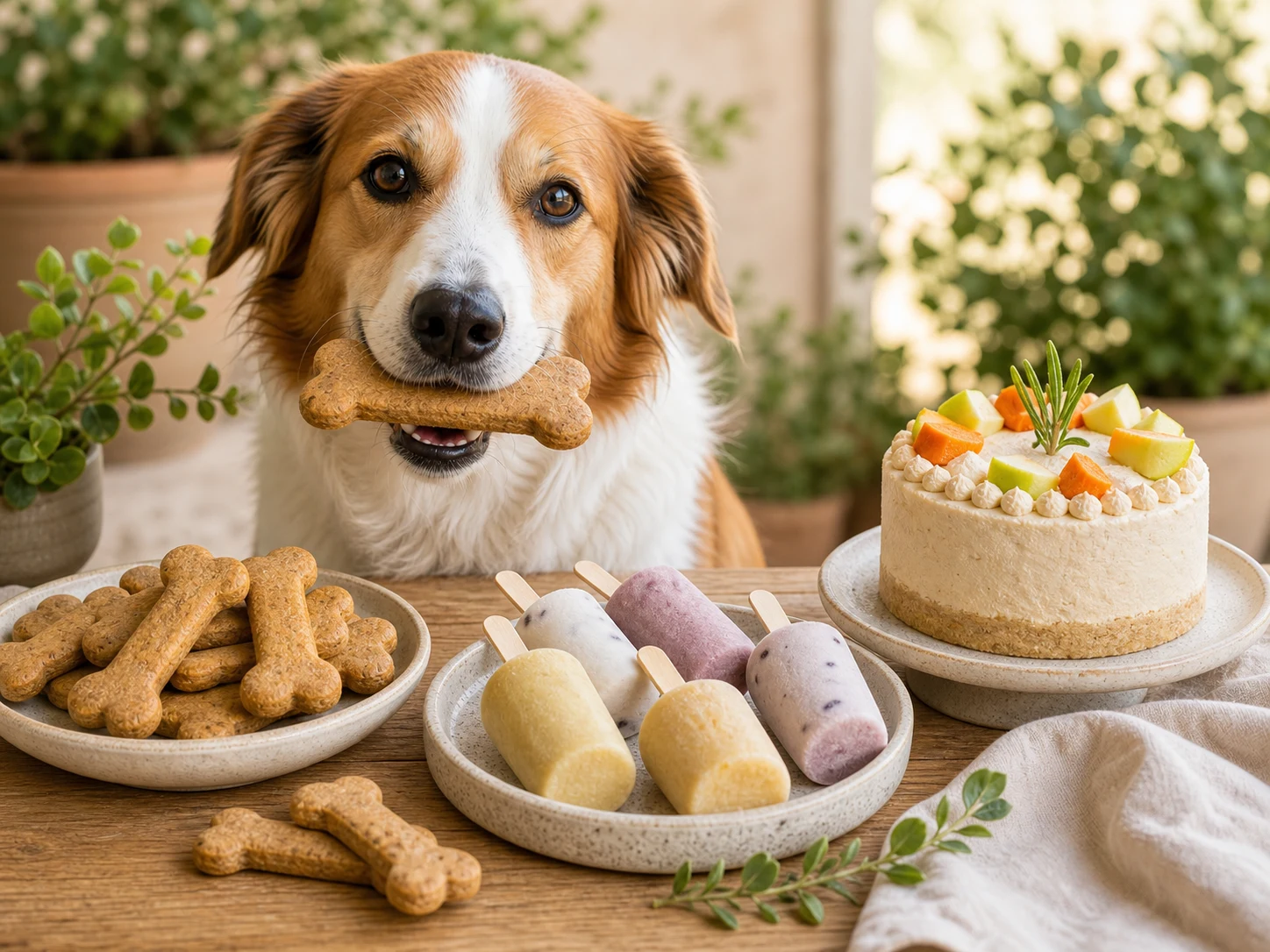 Dog with handmade biscuits, pupsicles and a celebration cake